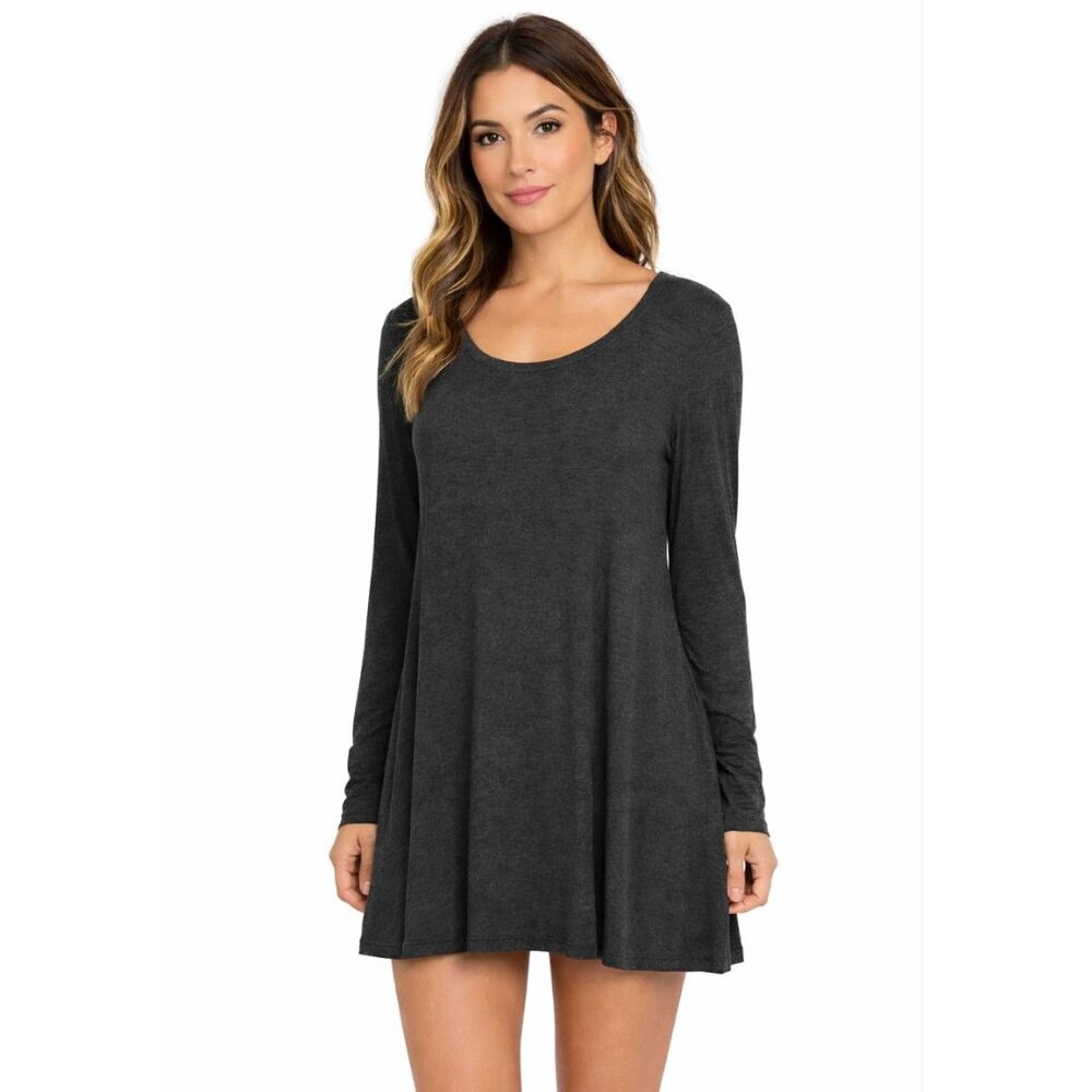 Eileen Fisher Gray Long Sleeve Tunic Top Dress L Soft Knit Scoop Neckline Capsul